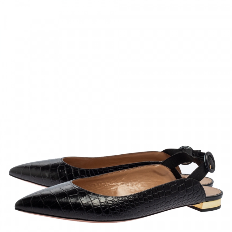 Pre Owned Aquazzura Black Croc Embossed Leather Slingback Sandals Size 40