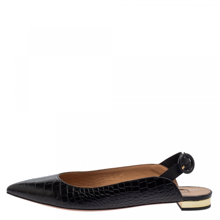 Pre Owned Aquazzura Black Croc Embossed Leather Slingback Sandals Size 40