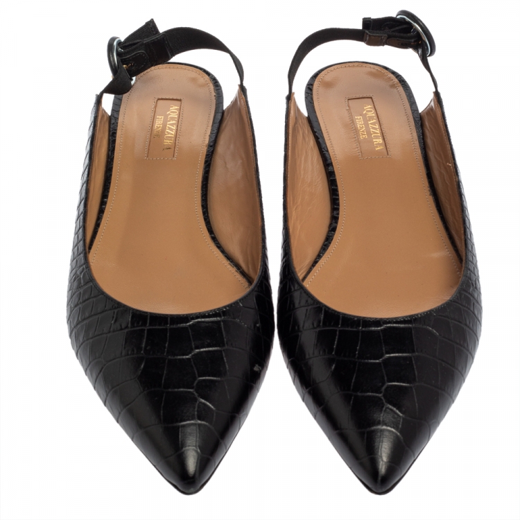 Pre Owned Aquazzura Black Croc Embossed Leather Slingback Sandals Size 40