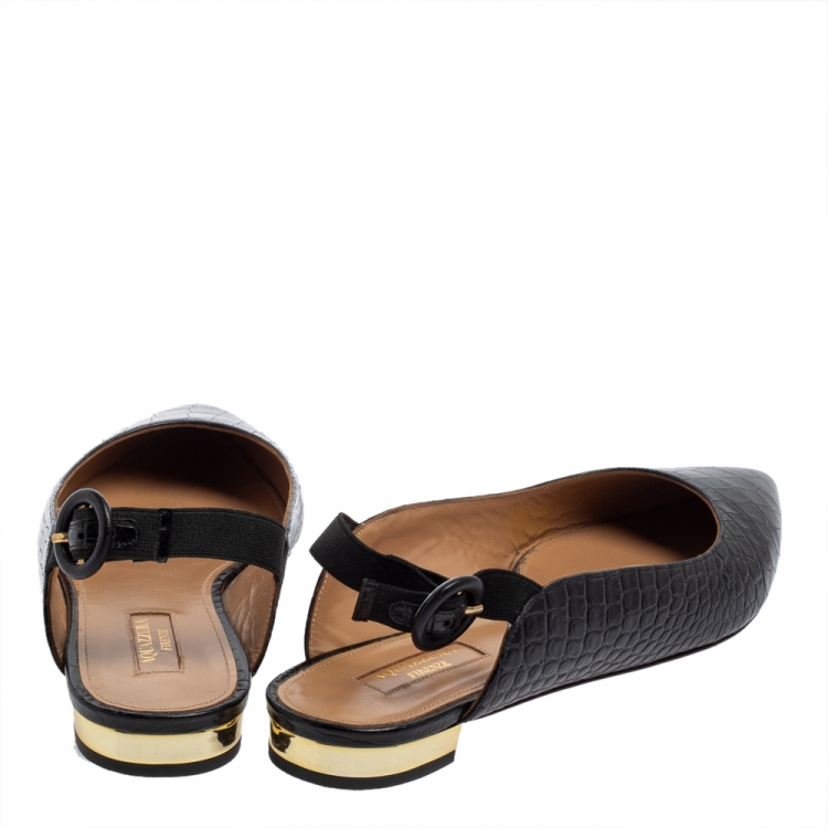 Pre Owned Aquazzura Black Croc Embossed Leather Slingback Sandals Size 40