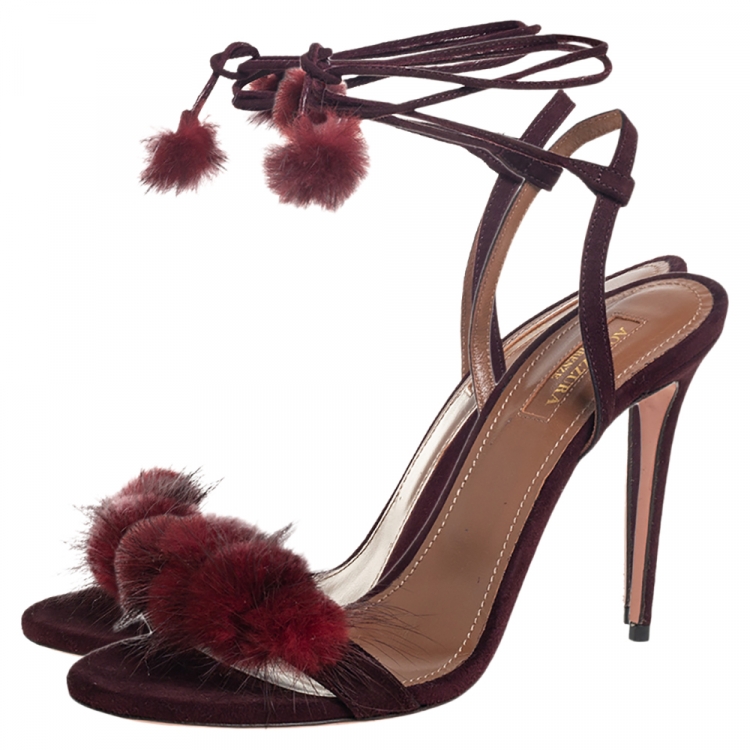 Pre Owned Aquazzura Burgundy Fur And Suede Wild Russian Open Toe Ankle Wrap Sandals Size 38.5