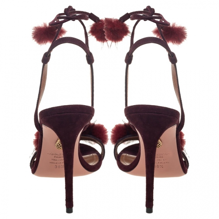Pre Owned Aquazzura Burgundy Fur And Suede Wild Russian Open Toe Ankle Wrap Sandals Size 38.5