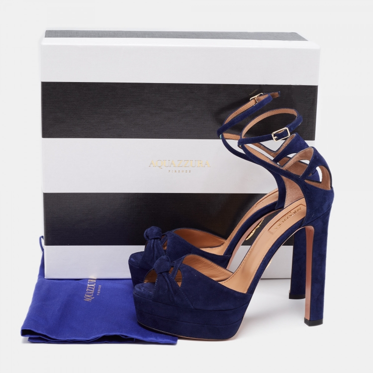 Pre Owned Aquazzura Navy Blue Suede Harlow Plateau Platform Ankle Wrap Sandals Size 37.5