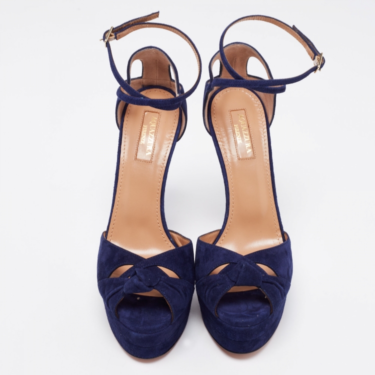 Pre Owned Aquazzura Navy Blue Suede Harlow Plateau Platform Ankle Wrap Sandals Size 37.5