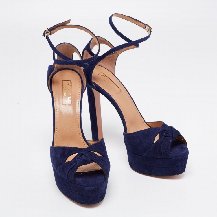 Pre Owned Aquazzura Navy Blue Suede Harlow Plateau Platform Ankle Wrap Sandals Size 37.5