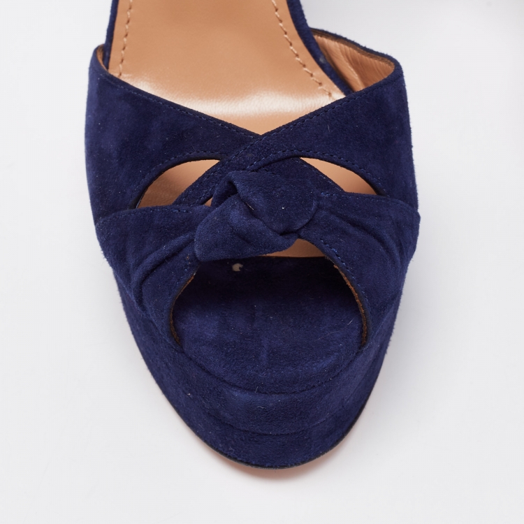 Pre Owned Aquazzura Navy Blue Suede Harlow Plateau Platform Ankle Wrap Sandals Size 37.5