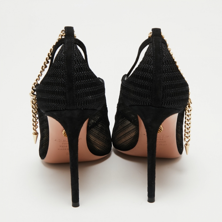 Pre Owned Aquazzura Black Mesh And Suede Bond Street Ankle Chain Pointed Toe Pumps Size 38