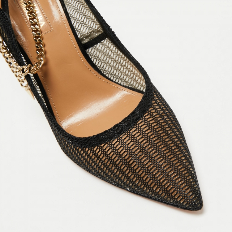 Pre Owned Aquazzura Black Mesh And Suede Bond Street Ankle Chain Pointed Toe Pumps Size 38