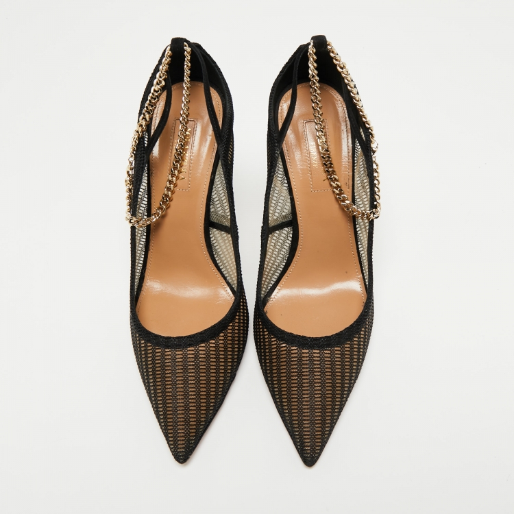 Pre Owned Aquazzura Black Mesh And Suede Bond Street Ankle Chain Pointed Toe Pumps Size 38