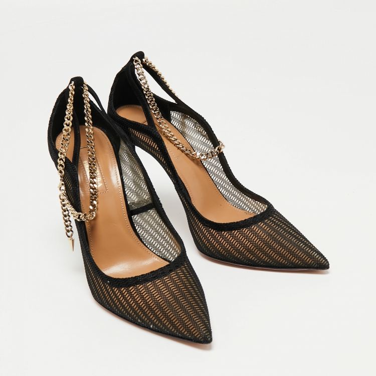 Pre Owned Aquazzura Black Mesh And Suede Bond Street Ankle Chain Pointed Toe Pumps Size 38