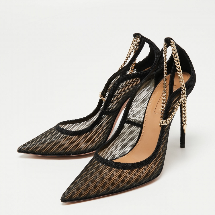 Pre Owned Aquazzura Black Mesh And Suede Bond Street Ankle Chain Pointed Toe Pumps Size 38