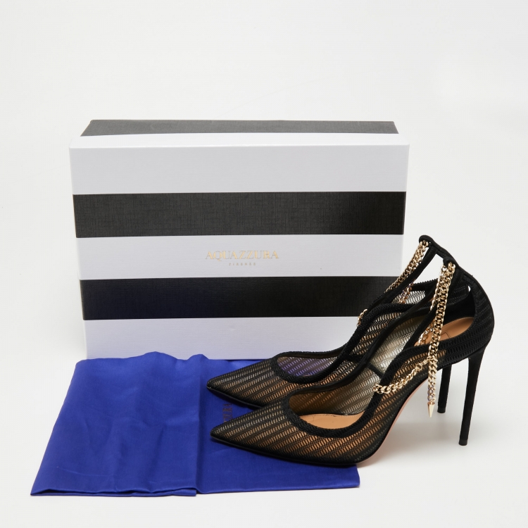Pre Owned Aquazzura Black Mesh And Suede Bond Street Ankle Chain Pointed Toe Pumps Size 38