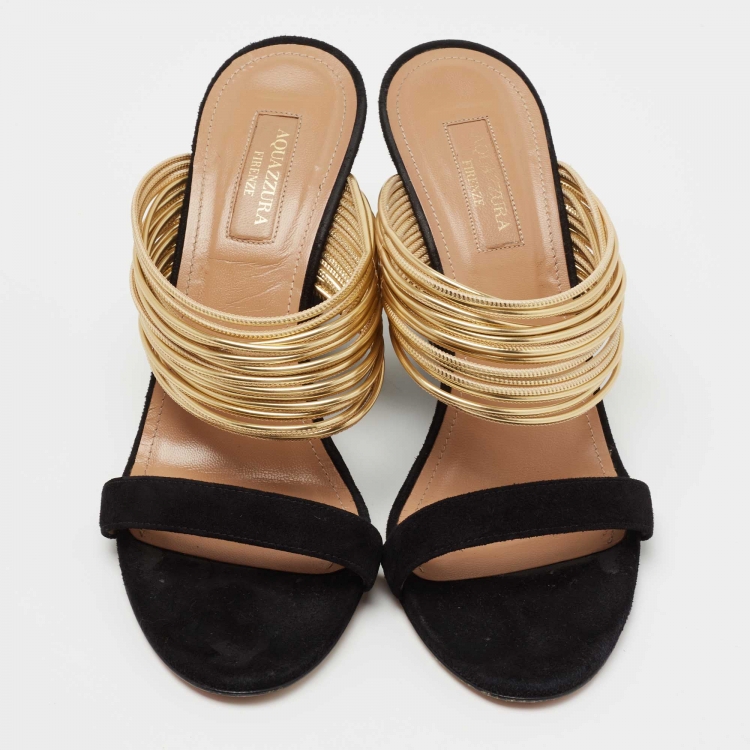 مملوكة مسبقًا Aquazzura Black/Gold Suede and Leather Rendez Vous Wedge Sandals Size 38
