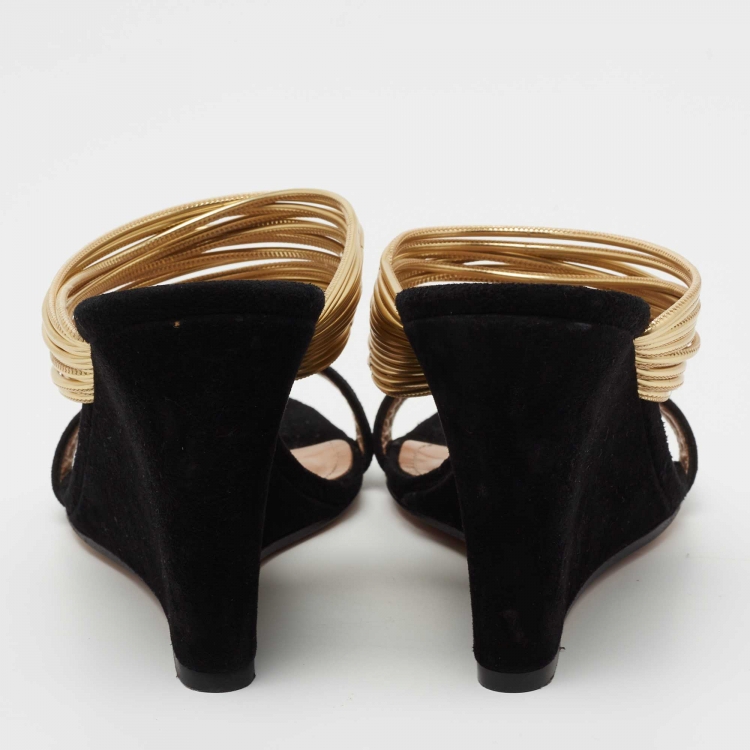 مملوكة مسبقًا Aquazzura Black/Gold Suede and Leather Rendez Vous Wedge Sandals Size 38