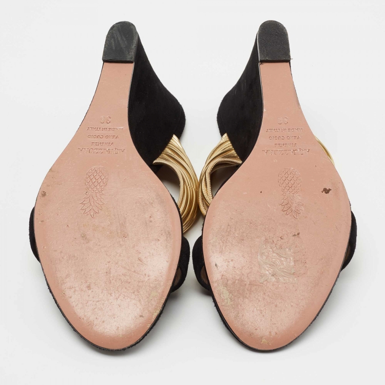 مملوكة مسبقًا Aquazzura Black/Gold Suede and Leather Rendez Vous Wedge Sandals Size 38