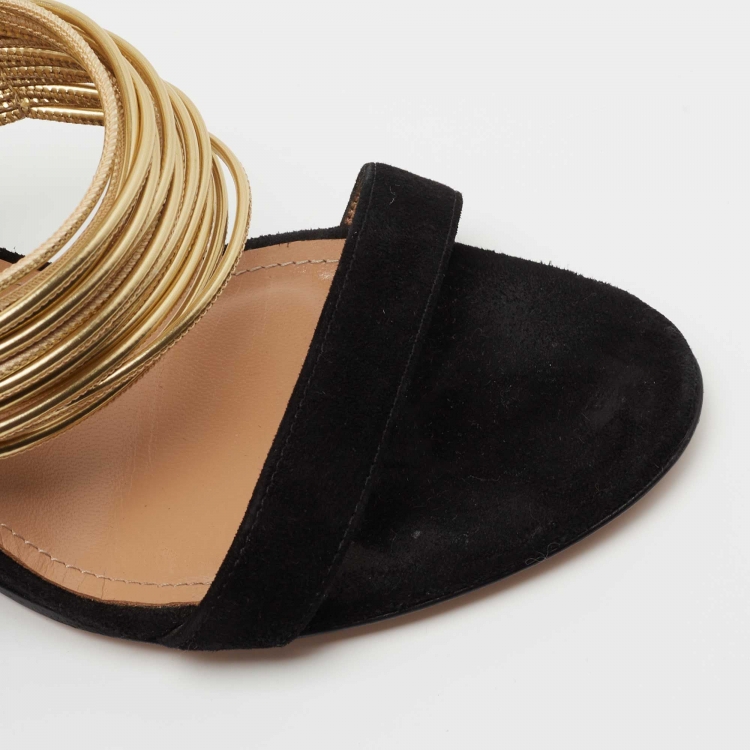 مملوكة مسبقًا Aquazzura Black/Gold Suede and Leather Rendez Vous Wedge Sandals Size 38