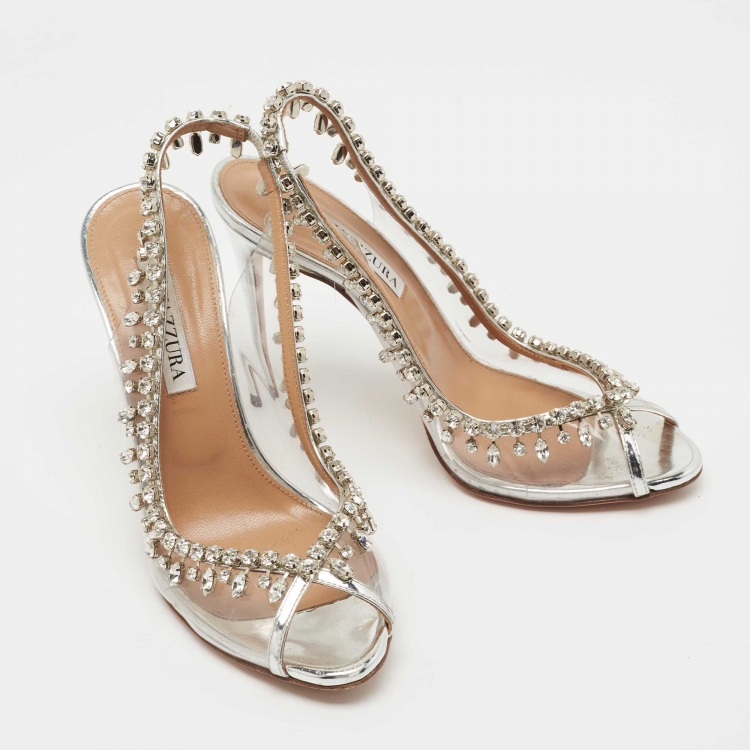 Pre Owned Aquazzura Silver Leather and PVC Temptation Slingback Pumps Size 38