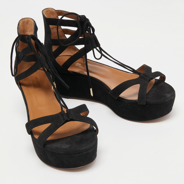 Pre Owned Aquazzura Black Suede Beverly Hills Platform Sandals Size 39.5