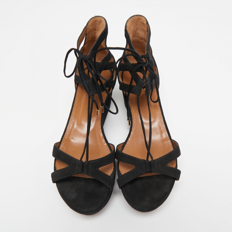 Pre Owned Aquazzura Black Suede Beverly Hills Platform Sandals Size 39.5