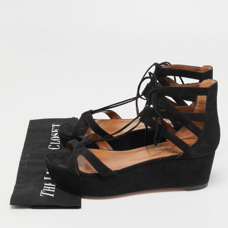 Pre Owned Aquazzura Black Suede Beverly Hills Platform Sandals Size 39.5