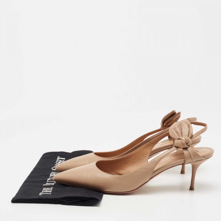 Pre Owned Aquazzura Beige Leather Bow Slingback Pumps Size 40