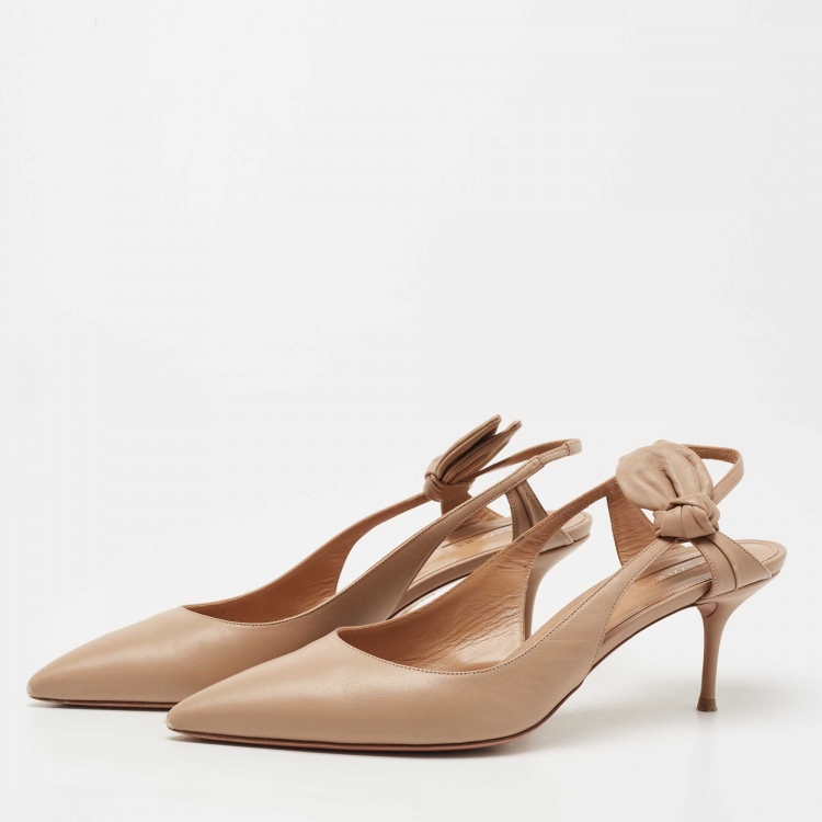 Pre Owned Aquazzura Beige Leather Bow Slingback Pumps Size 40