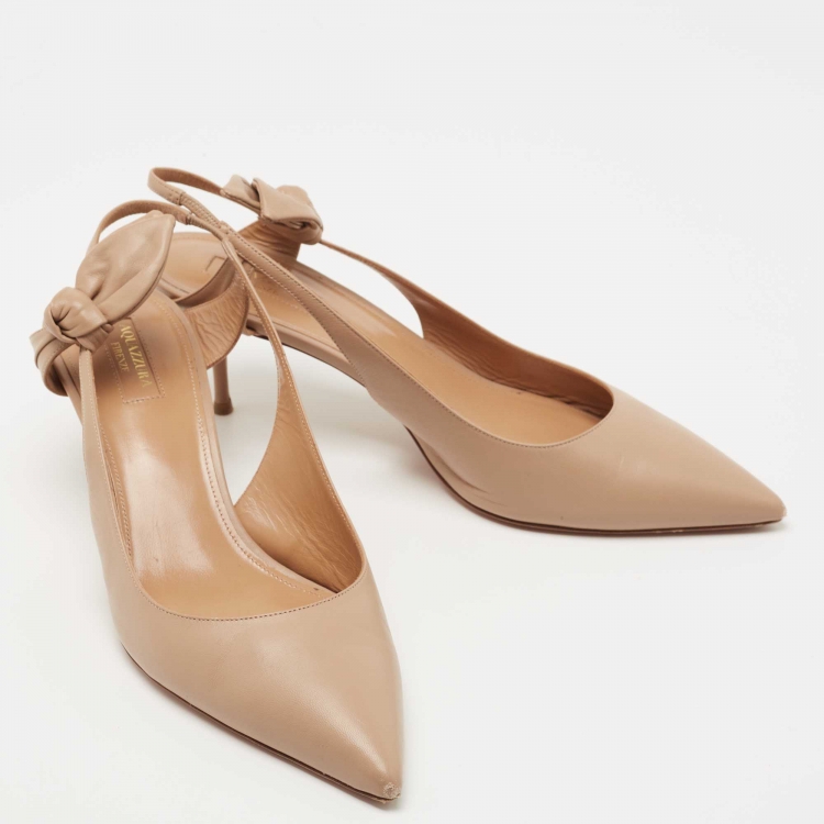 Pre Owned Aquazzura Beige Leather Bow Slingback Pumps Size 40