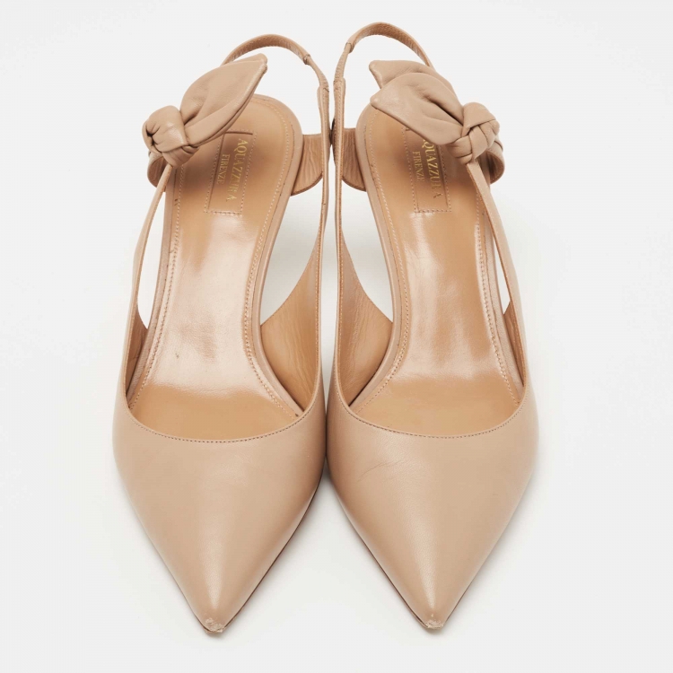 Pre Owned Aquazzura Beige Leather Bow Slingback Pumps Size 40