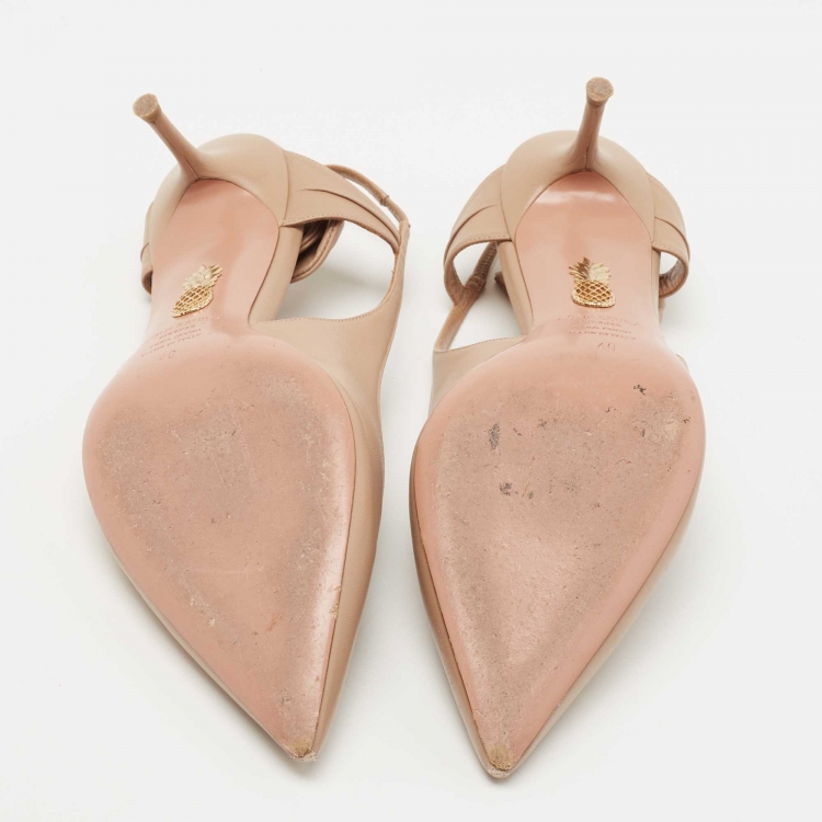 Pre Owned Aquazzura Beige Leather Bow Slingback Pumps Size 40