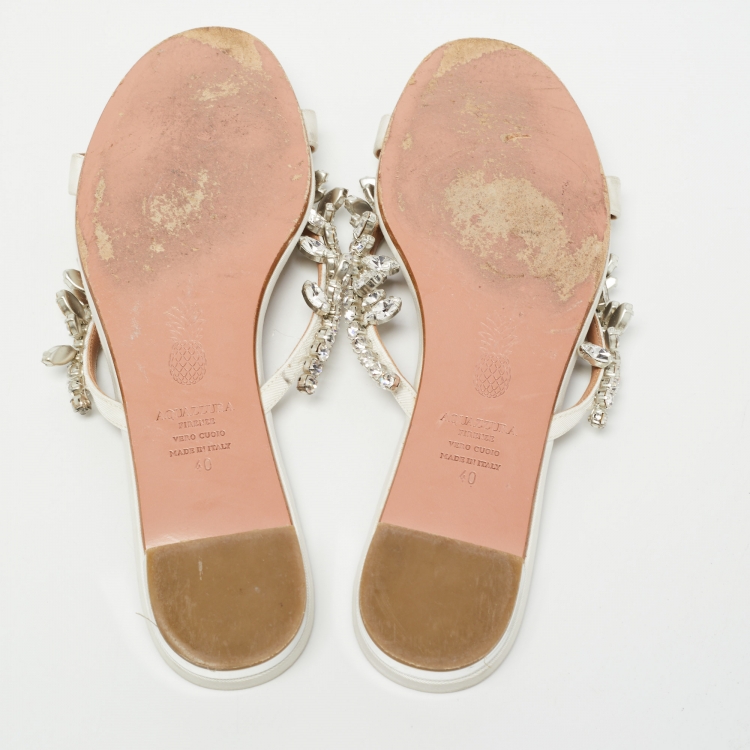 Pre Owned Aquazzura White Canvas Crystal Embellished Slide Flats Size 40