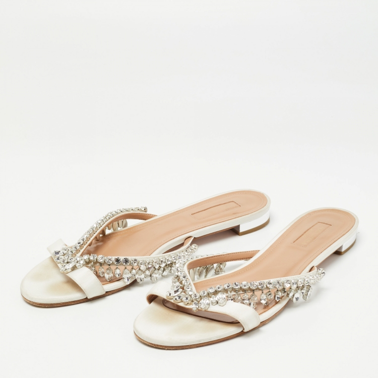 Pre Owned Aquazzura White Canvas Crystal Embellished Slide Flats Size 40