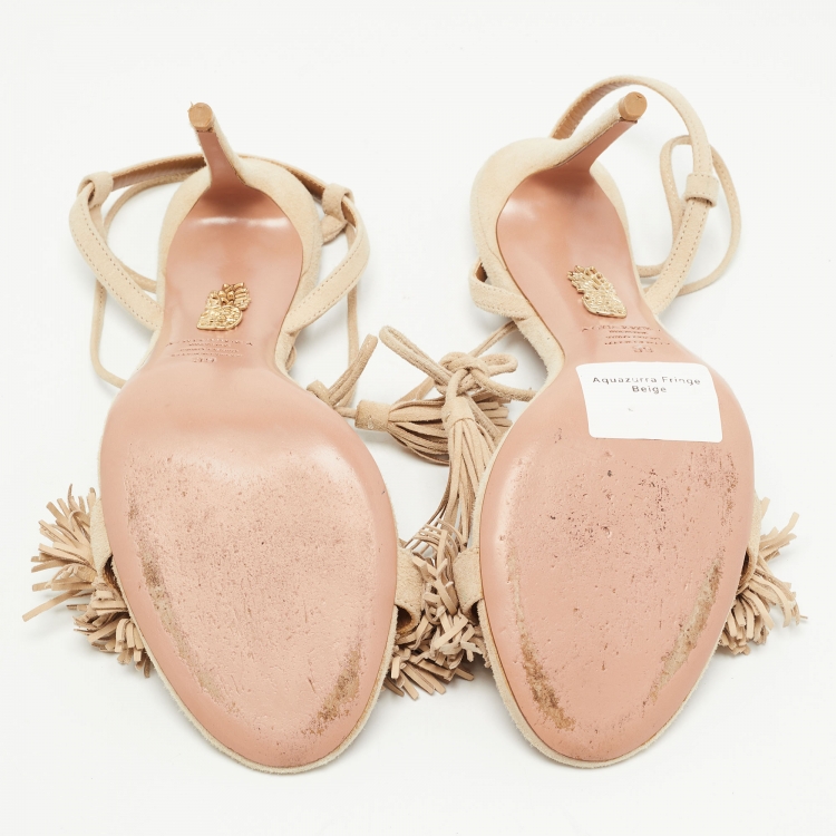 Pre Owned Aquazzura Beige Suede Wild Thing Fringe Ankle Wrap Sandals Size 39