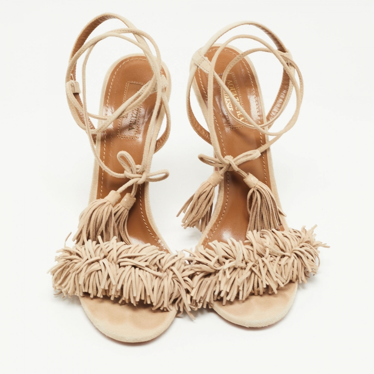 Pre Owned Aquazzura Beige Suede Wild Thing Fringe Ankle Wrap Sandals Size 39