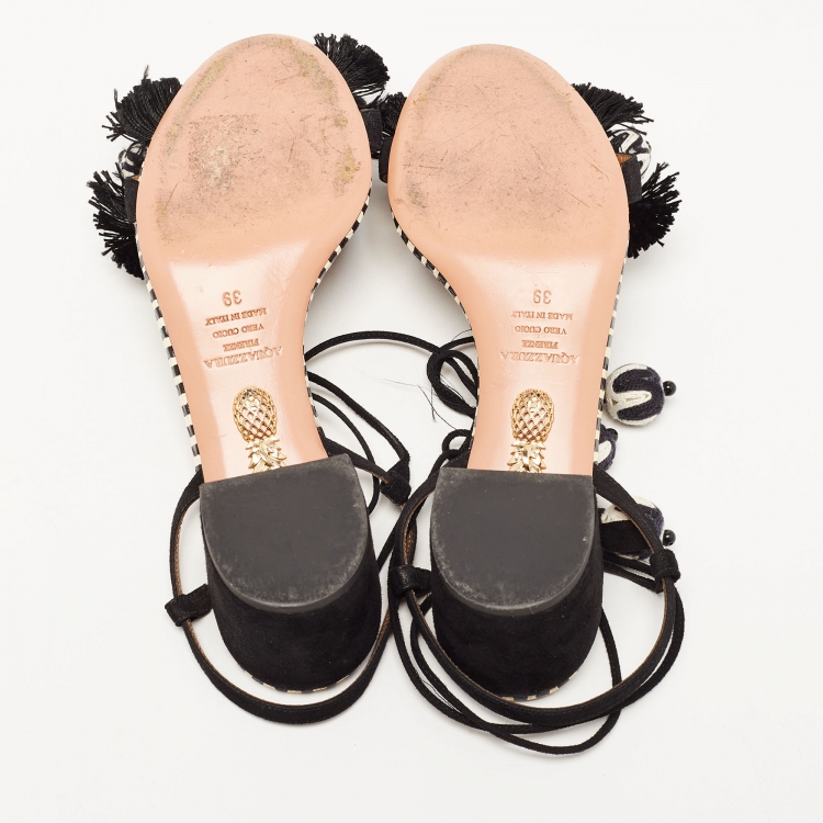 Pre Owned Aquazzura Black/White Suede Bead Pom Pom Block Heel Ankle Wrap Sandals Size 39