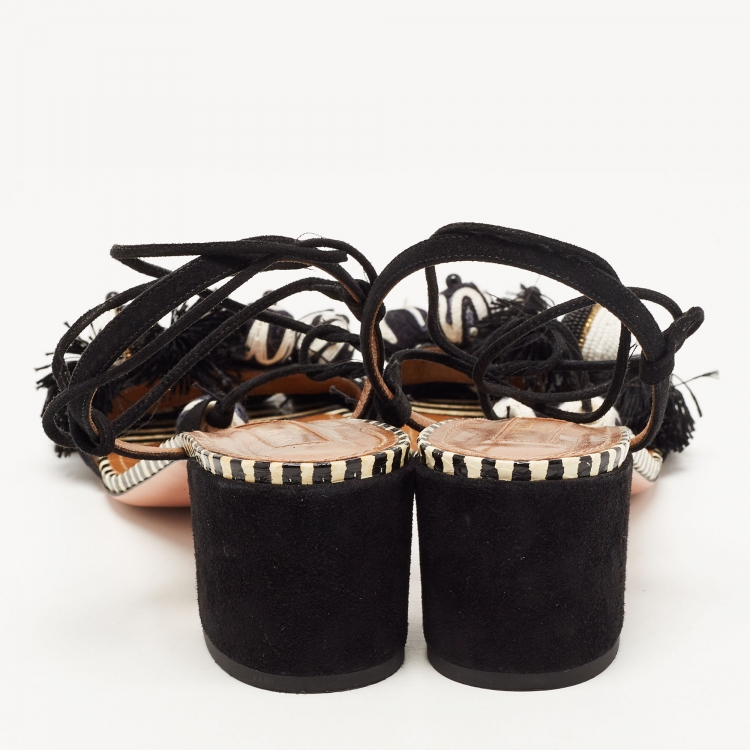 Pre Owned Aquazzura Black/White Suede Bead Pom Pom Block Heel Ankle Wrap Sandals Size 39