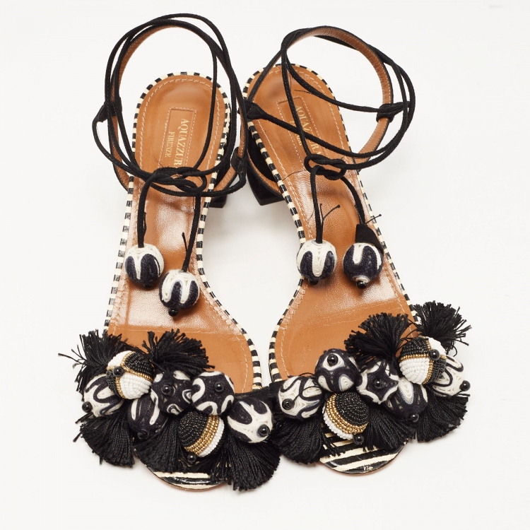 Pre Owned Aquazzura Black/White Suede Bead Pom Pom Block Heel Ankle Wrap Sandals Size 39