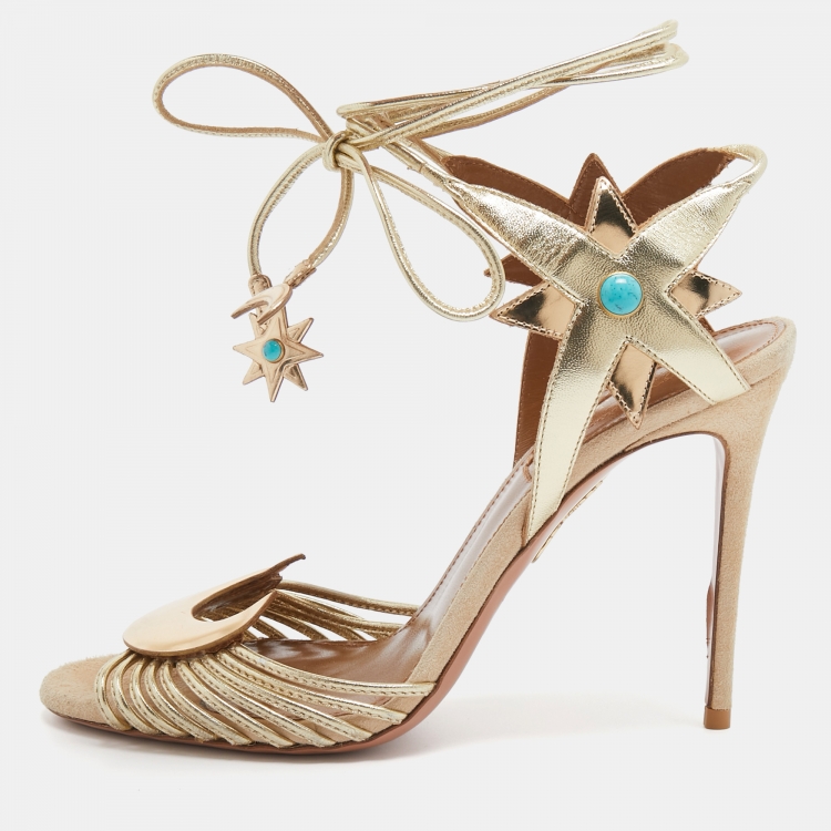 Pre Owned Aquazzura Metallic Gold Leather Midnight Ankle Wrap Sandals Size 38