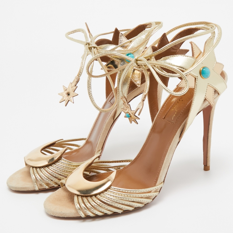 Pre Owned Aquazzura Metallic Gold Leather Midnight Ankle Wrap Sandals Size 38