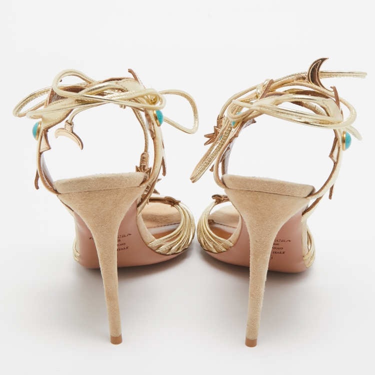 Pre Owned Aquazzura Metallic Gold Leather Midnight Ankle Wrap Sandals Size 38