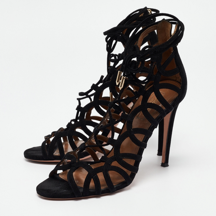 Pre Owned Aquazzura Black Suede Strappy Sandals Size 37