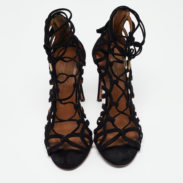 Pre Owned Aquazzura Black Suede Strappy Sandals Size 37
