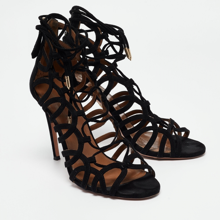 Pre Owned Aquazzura Black Suede Strappy Sandals Size 37