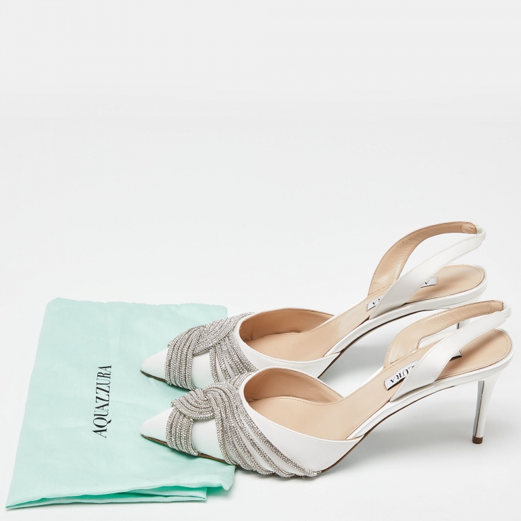 Pre Owned Aquazzura White Satin Crystal Embellished Slingback Pumps Size 38
