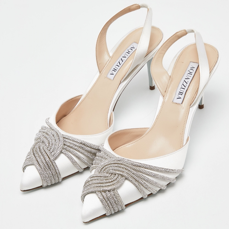 Pre Owned Aquazzura White Satin Crystal Embellished Slingback Pumps Size 38