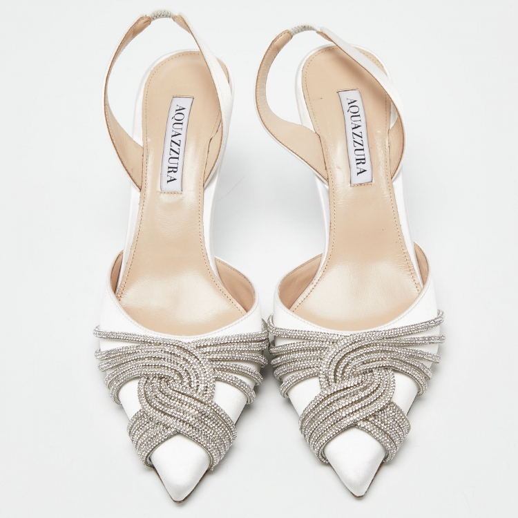 Pre Owned Aquazzura White Satin Crystal Embellished Slingback Pumps Size 38