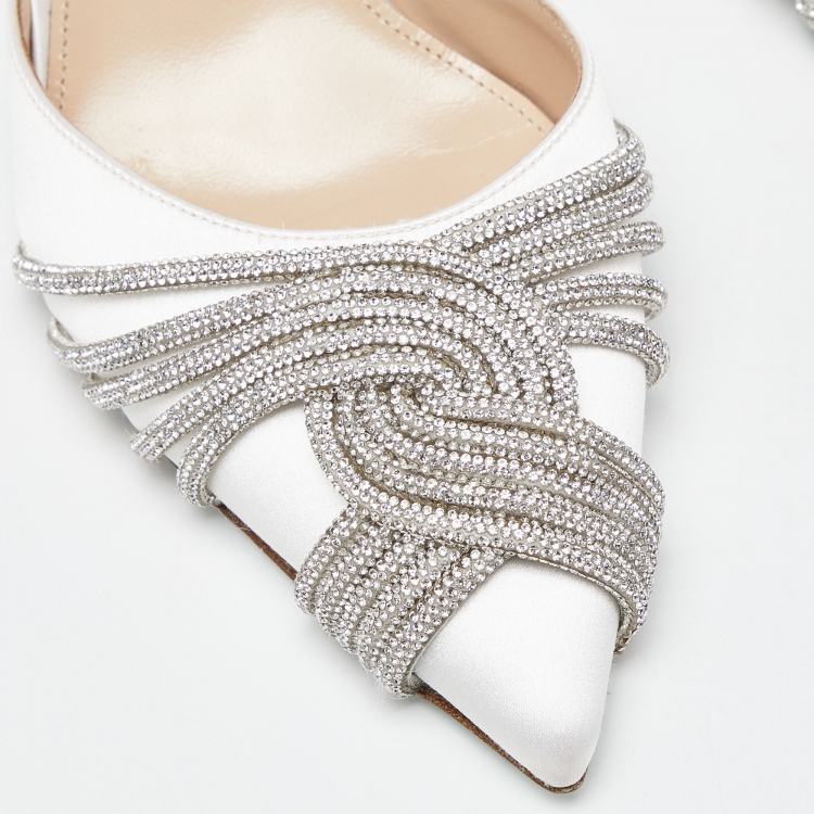 Pre Owned Aquazzura White Satin Crystal Embellished Slingback Pumps Size 38