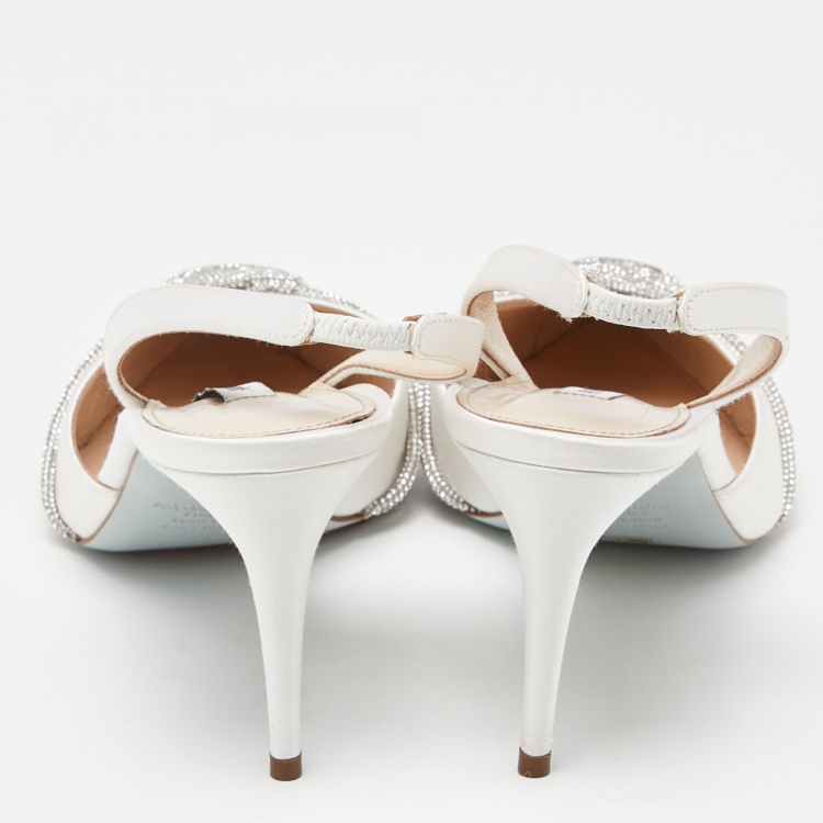Pre Owned Aquazzura White Satin Crystal Embellished Slingback Pumps Size 38