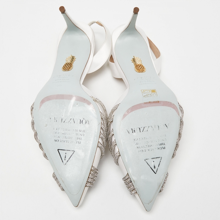 Pre Owned Aquazzura White Satin Crystal Embellished Slingback Pumps Size 38