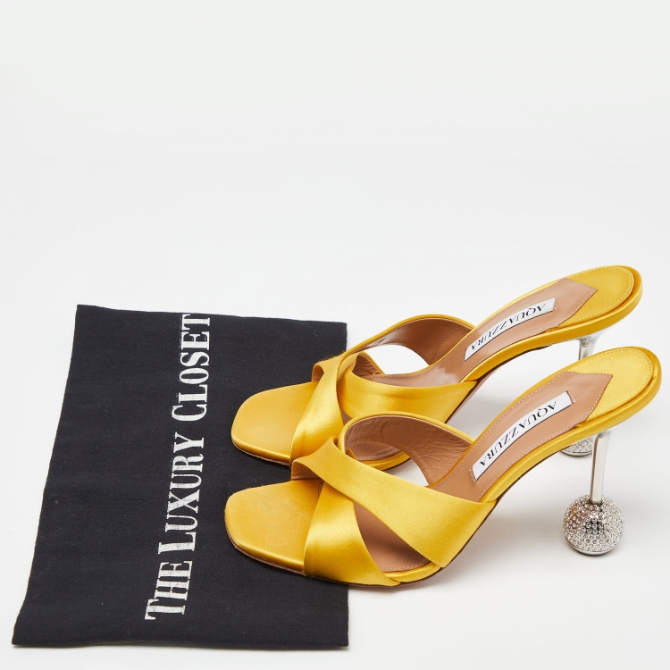Pre Owned Aquazzura Yellow Satin Yes Darling Slide Sandals Size 37