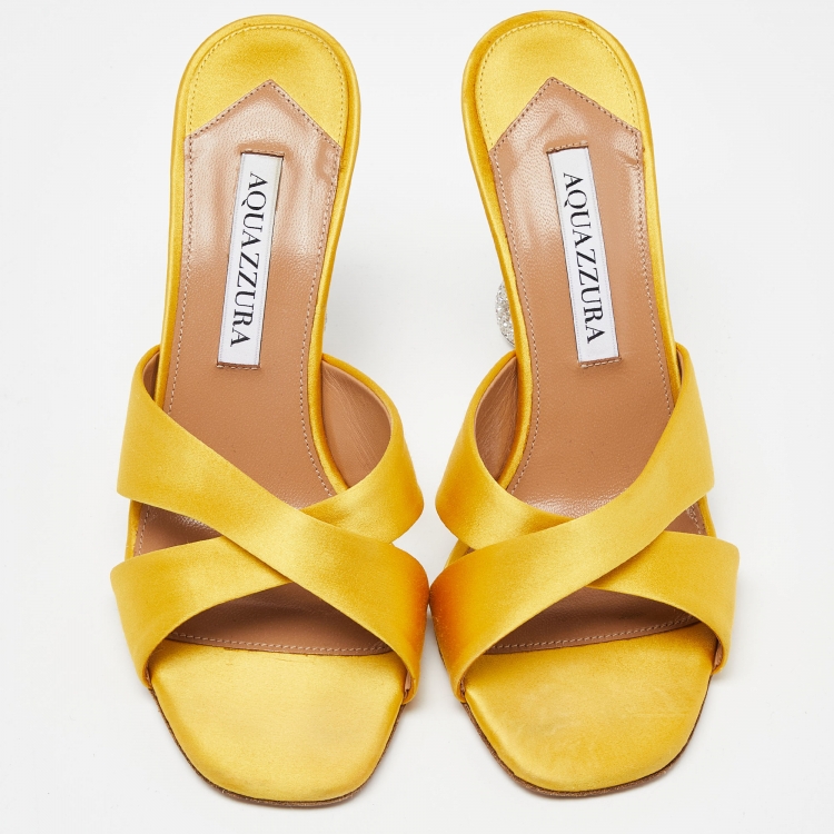 Pre Owned Aquazzura Yellow Satin Yes Darling Slide Sandals Size 37